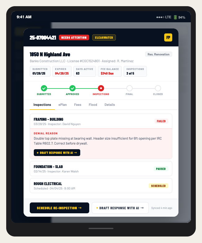 iPad — permit detail modal